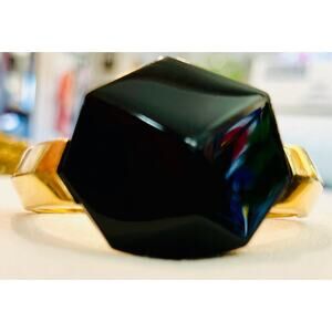 Vintage Trifari Gold Hinged Clamper Bracelet – Black Faceted Glass– 1980s Signed